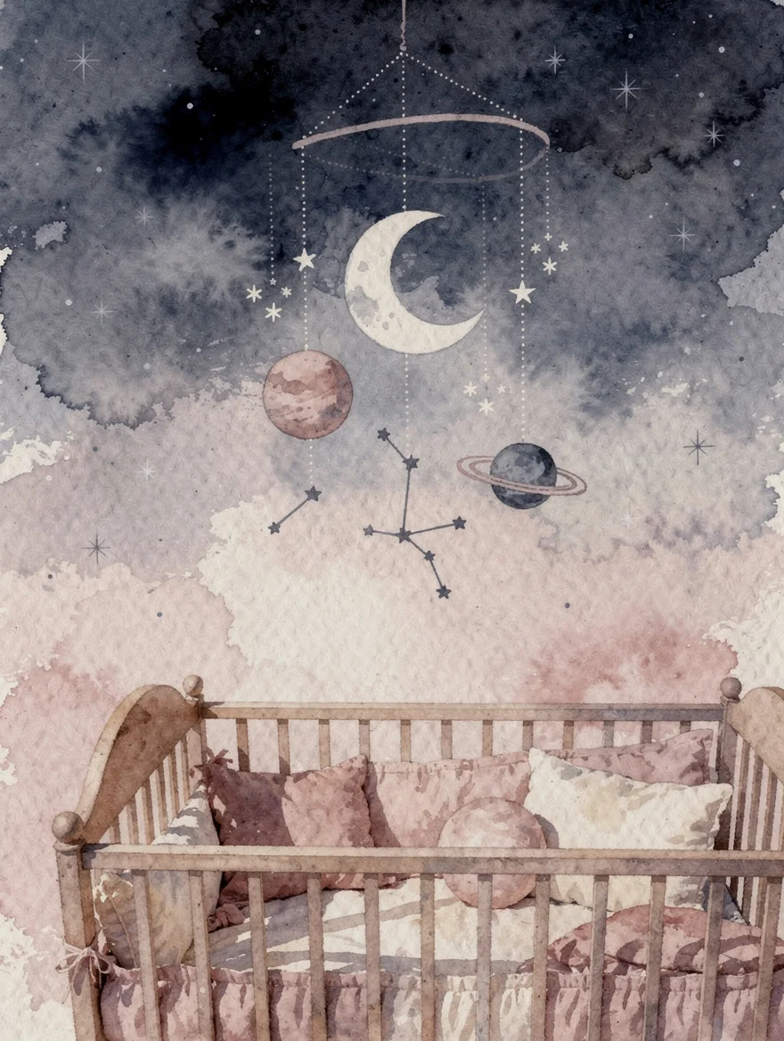 A soft celestial nursery — moon, planets and constellations arranged in a gentle mobile above a crib — illustrated in muted rose and indigo, everything dreaming