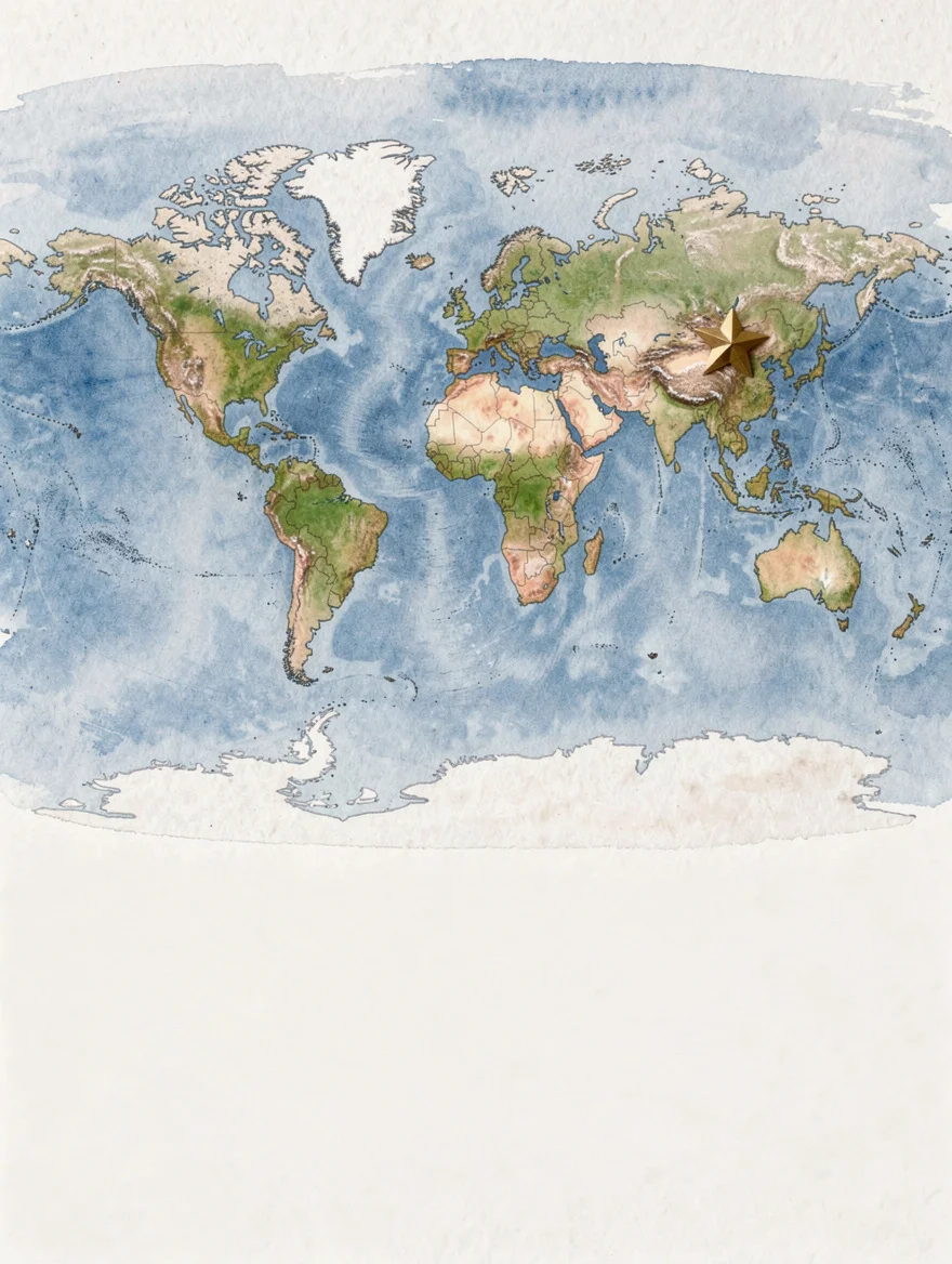 A watercolour world map with a golden star marking the city where she arrived — her name and birthday inscribed beneath in careful illustrated script