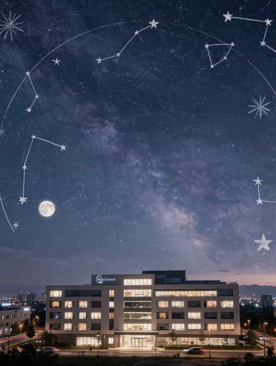 The night sky over the hospital on the exact night he was born — a star map in soft chalk tones with his name written in the arc of the Milky Way