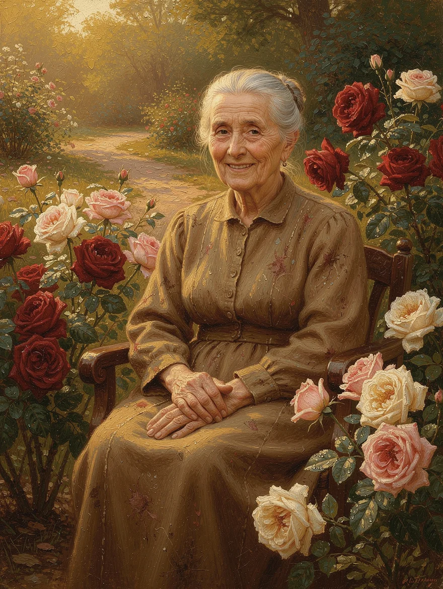 A portrait of my grandmother at 80, surrounded by the roses she tends every morning, painted in warm oil strokes as if by an Old Masters artist