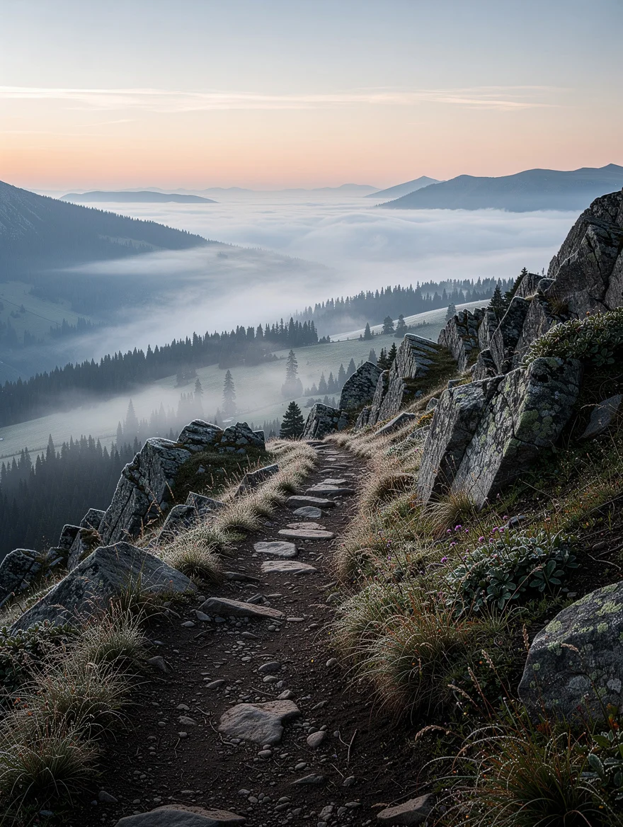 The mountain trail we hiked together on his 50th — fog lifting over the valley at that exact pale morning moment — a dramatic landscape print to hang forever