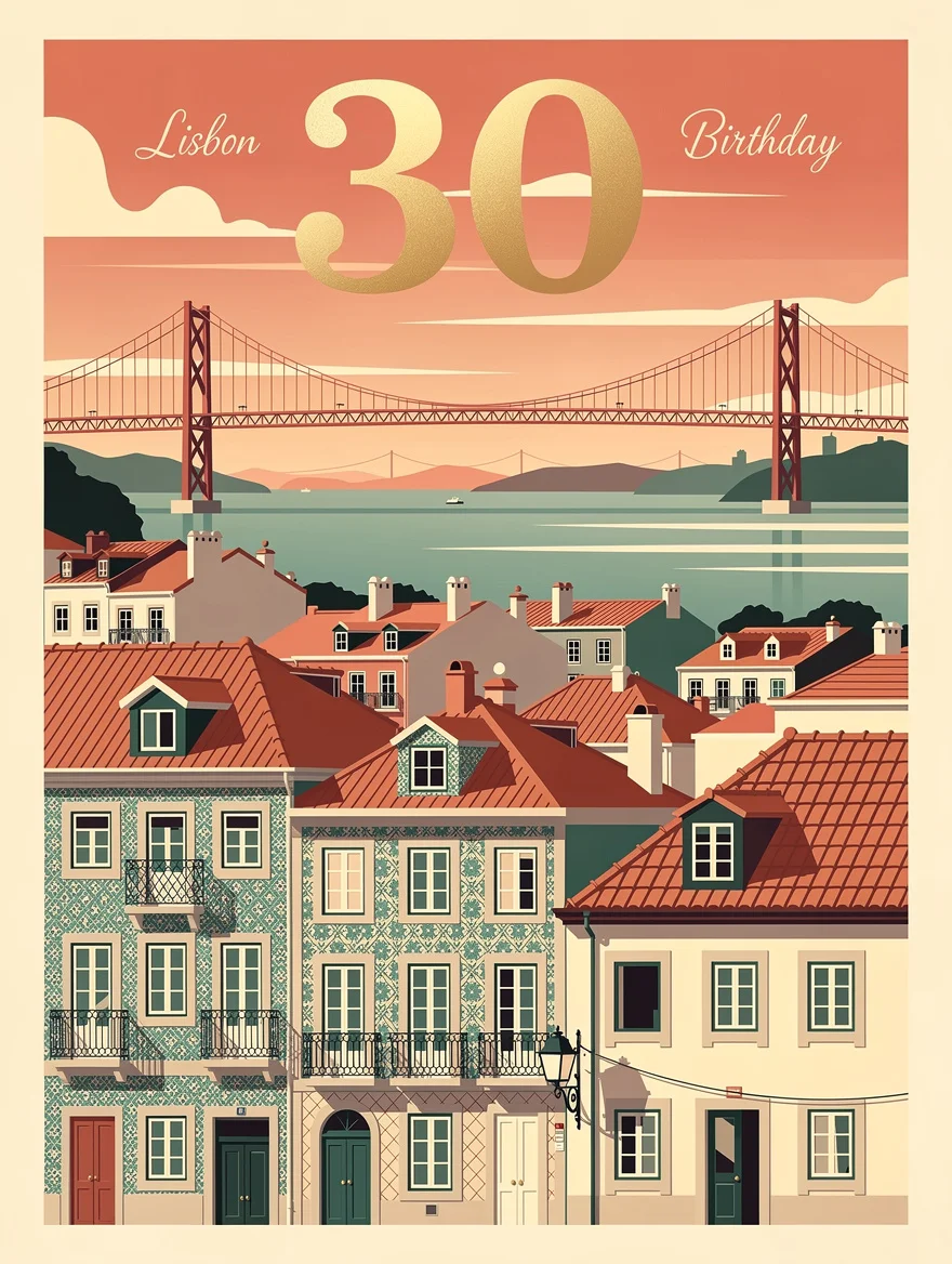 A vintage travel poster of Lisbon celebrating her 30th, coral and gold, midcentury lettering, the kind of print that belongs on a kitchen wall for decades