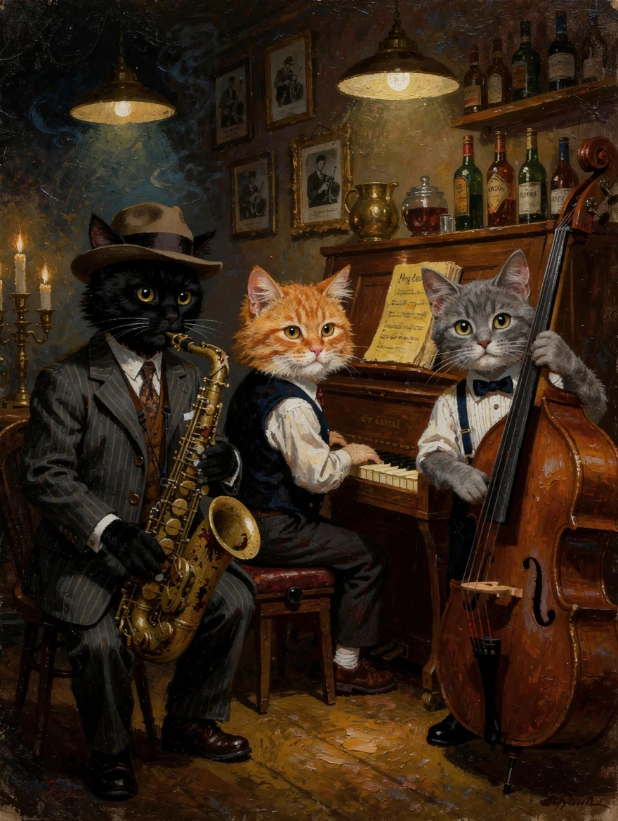 Three cats dressed as jazz musicians playing in a midnight speakeasy, for the jazz-lover who rescues every stray and names them after musicians
