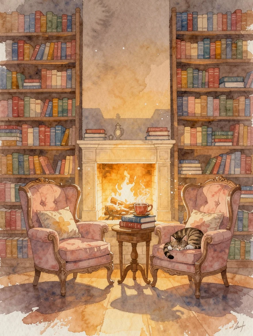 A cosy illustrated bookshop interior — towering shelves, armchairs by the fireplace, a sleeping tabby — for the person who lives happiest in other worlds