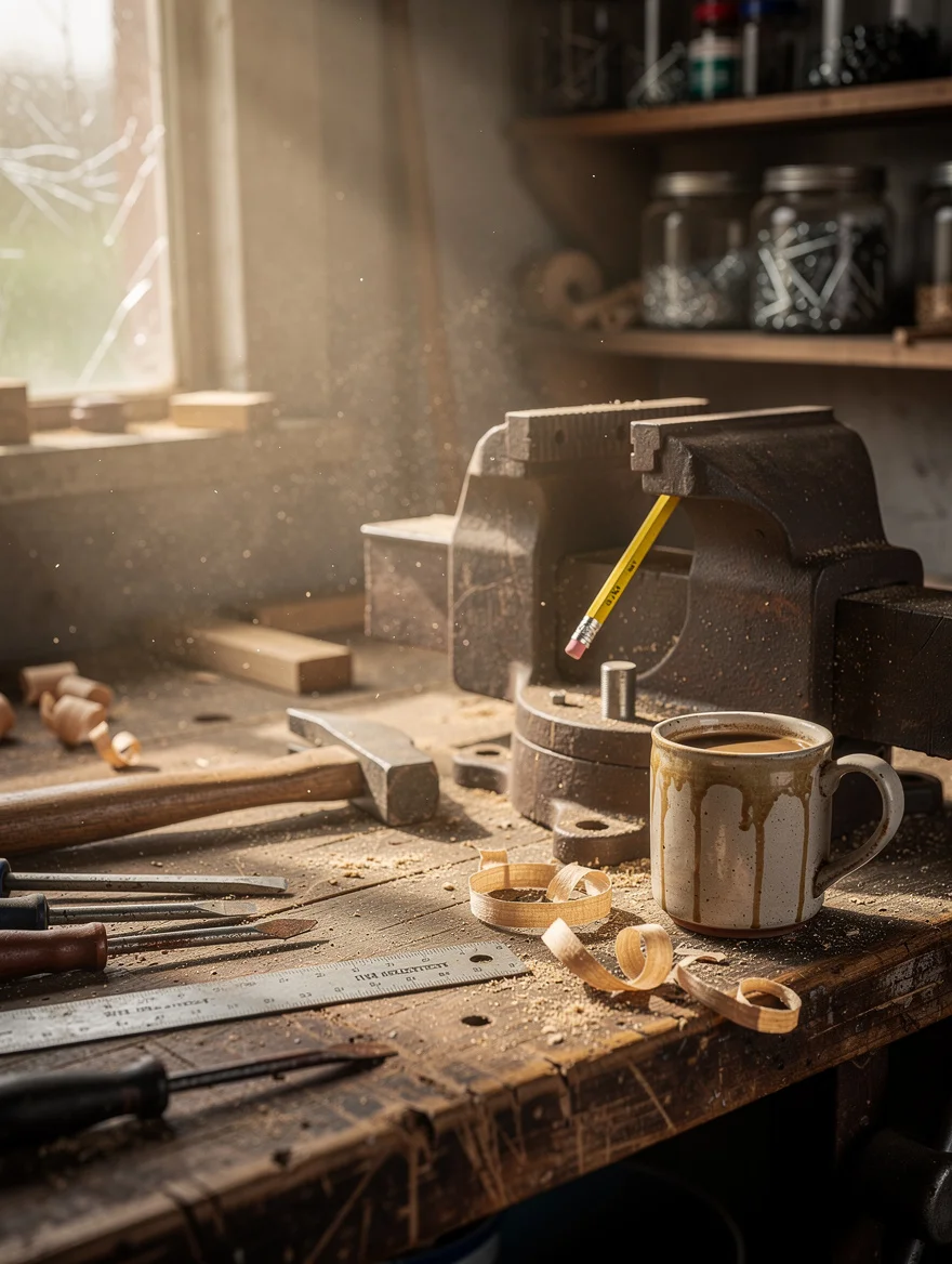 My father's workshop bench exactly as he leaves it every weekend — the worn tools, the coffee mug, pencil tucked behind the vice — warm morning light through dusty glass