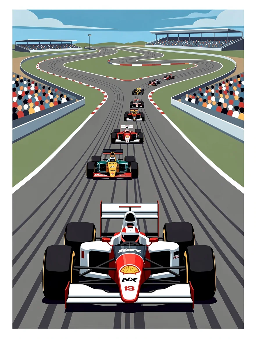 A vintage Formula 1 race poster of the circuit we watched together the summer I was twelve — bold poster colours, his favourite driver at the front, that exact era