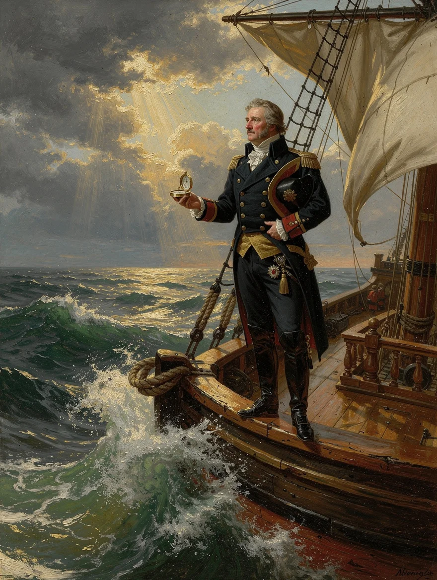 A dramatic oil painting of my father as a naval captain — on the prow of a tall ship, waves crashing, compass in hand — because he has always wanted to sail the world
