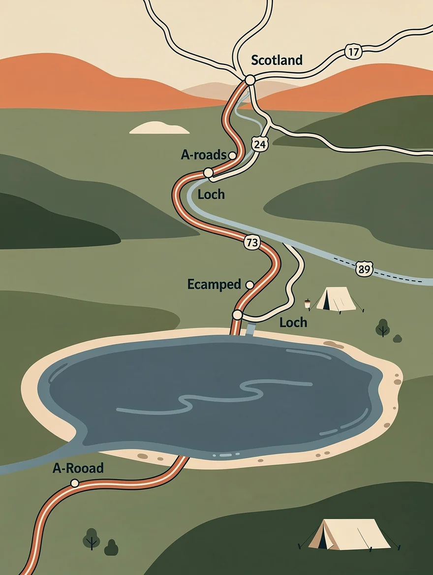 The 1973 road atlas route we drove across Scotland — A-roads hand-drawn, the loch we camped beside sketched in — recreated as a map print of a journey that made us close