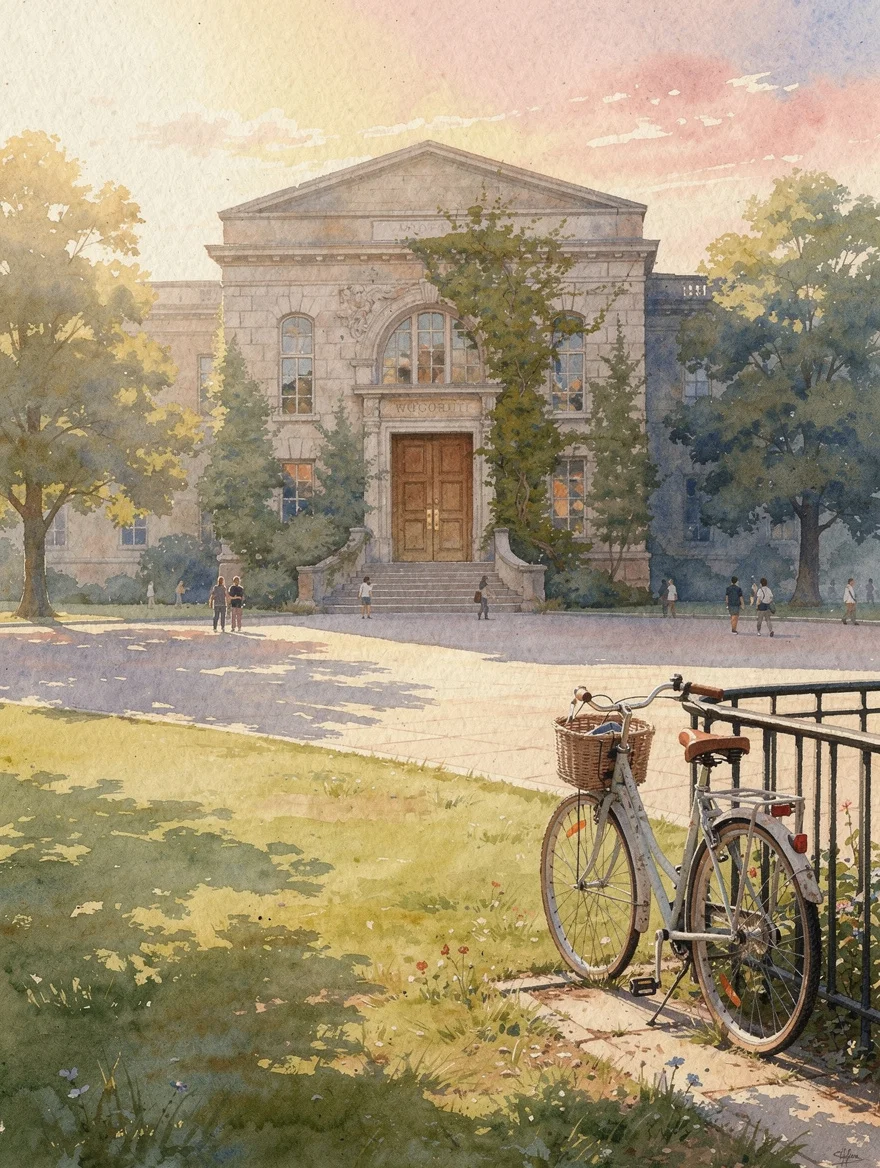 The university campus at golden hour on the last day — the quad, the old library door, the bike she always left locked to the same railing — a personal farewell portrait