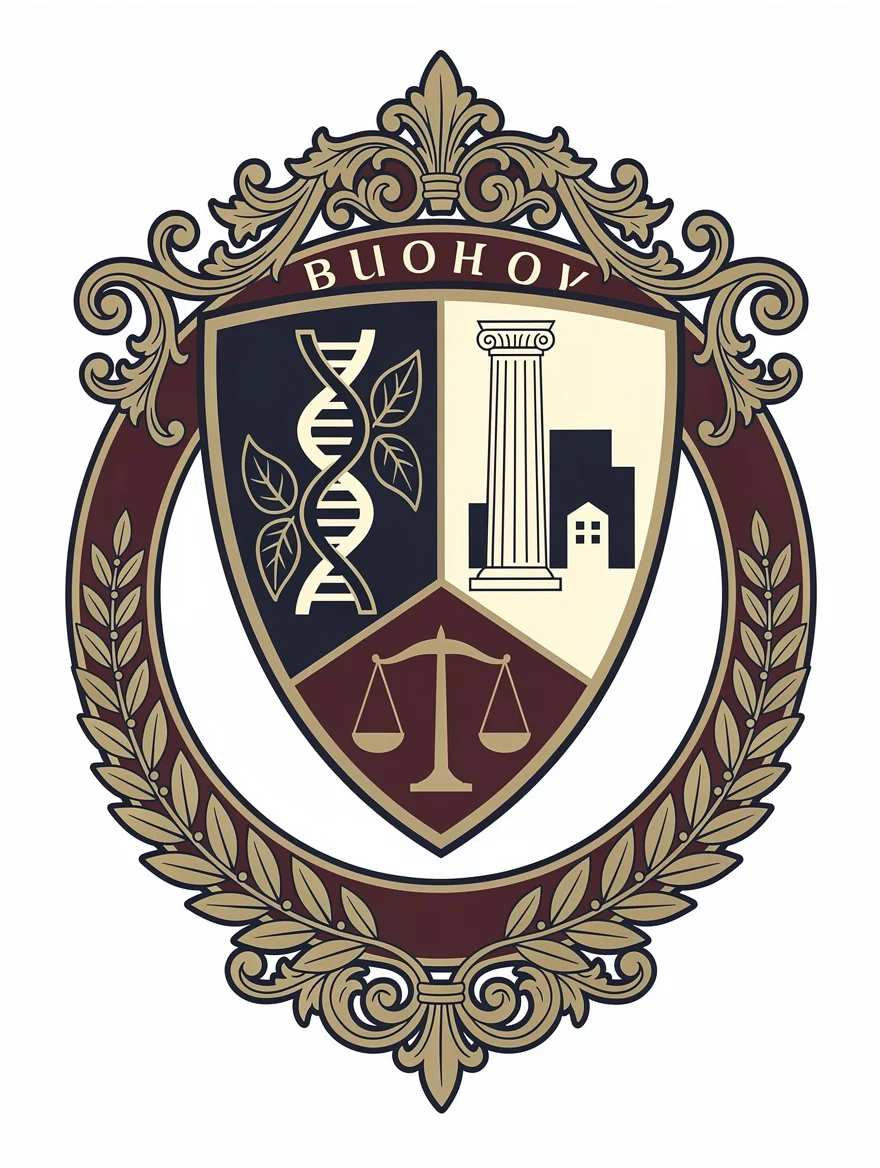 A vintage academic crest reimagined for her discipline — biology, architecture, law — gilded and formal, a proud keepsake in the exact style of a real university seal