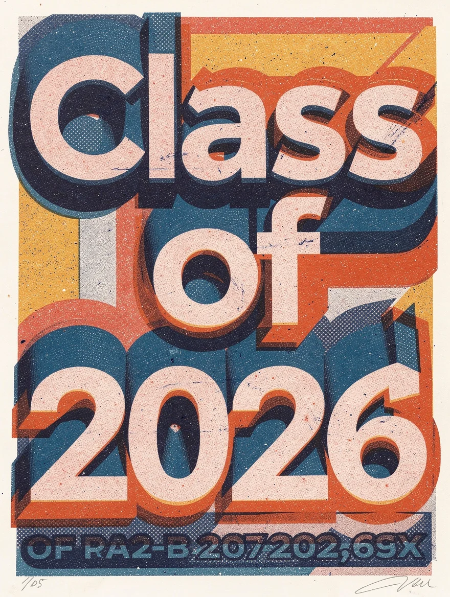 A bold Risograph poster: 'Class of 2026' — architectural letterforms, vivid ink layers, her graduation date pressed like a limited edition concert print