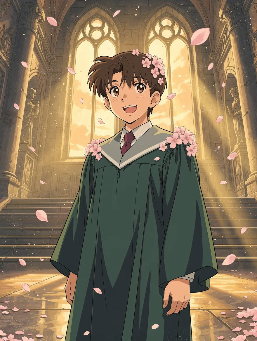An anime-style portrait of him in his gown on the steps — cherry blossoms falling, sunlight through tall stone windows — playful, vibrant, and genuinely moving