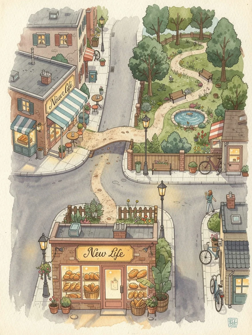 A detailed illustrated map of their new neighbourhood — the corner café, the park, the good bakery, the shortcut nobody else knows — a treasure map of a new life