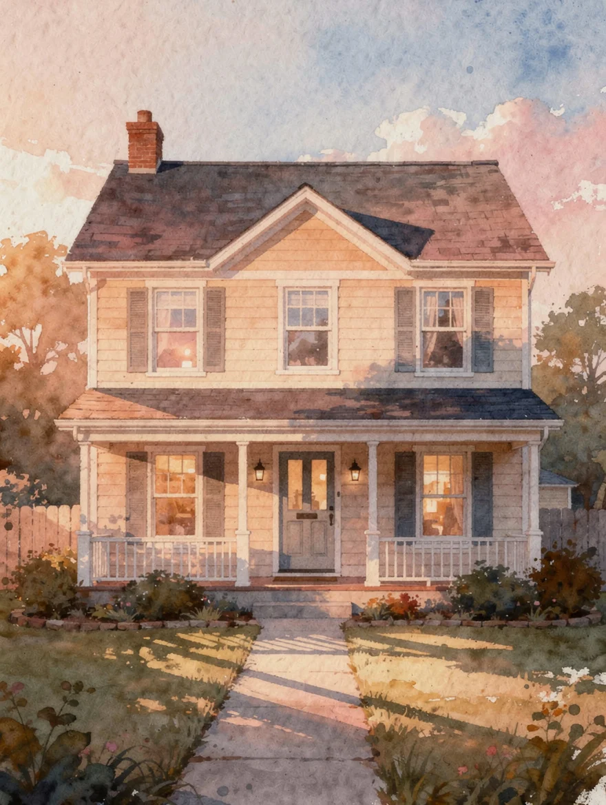 The exact façade of their new home painted in warm watercolour — as it looked at golden hour the afternoon they got the keys and stood outside for a long time