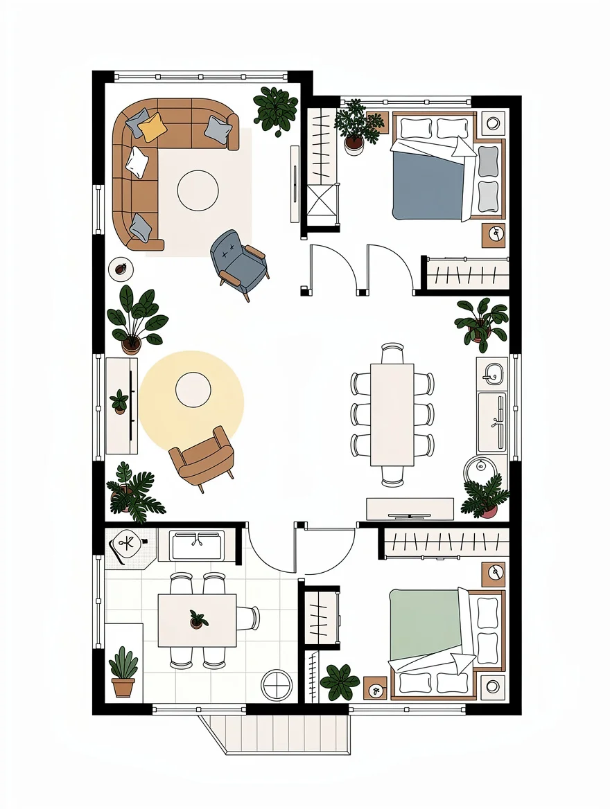 An architectural line drawing of the floor plan, decorated with illustrated plants and favourite furniture — a blueprint turned into something worth framing