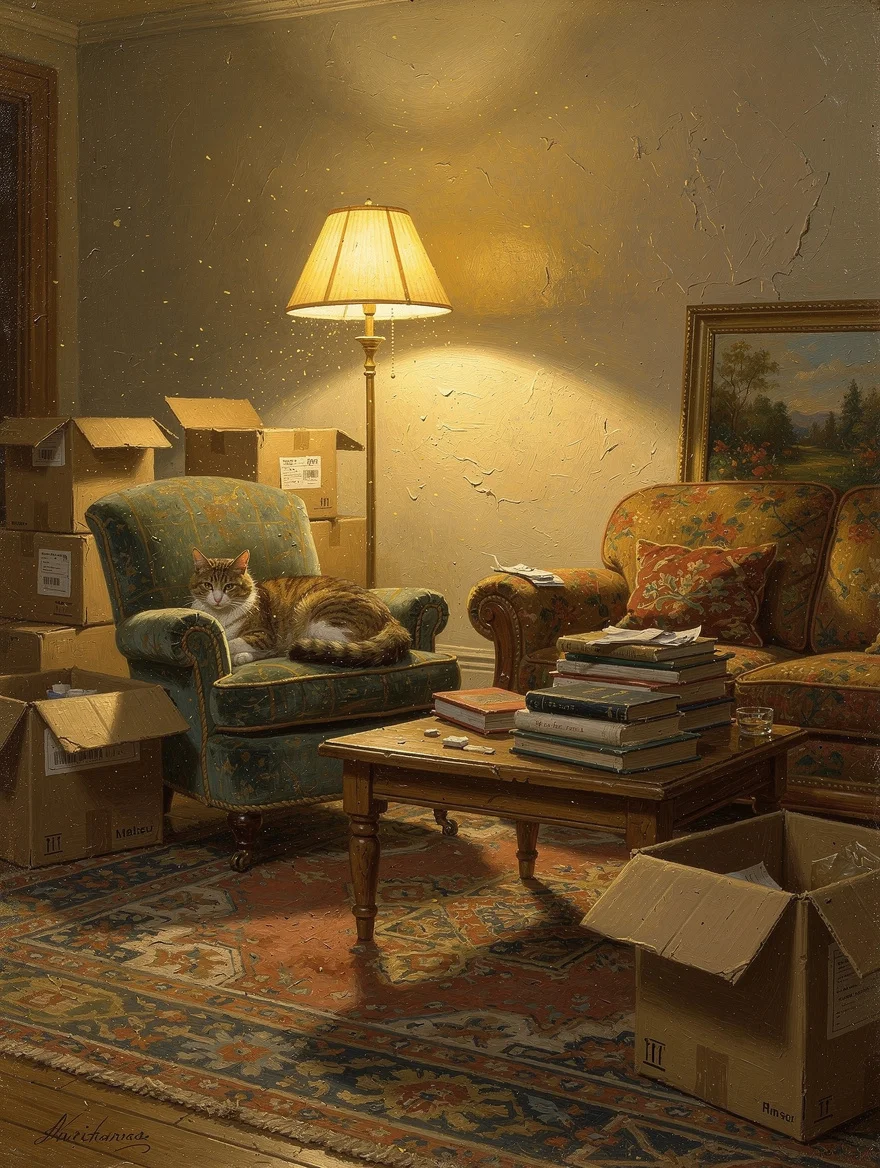 The living room they're slowly building — mismatched furniture, stacked books, a cat, warm lamplight — imagined lovingly before the boxes are even unpacked