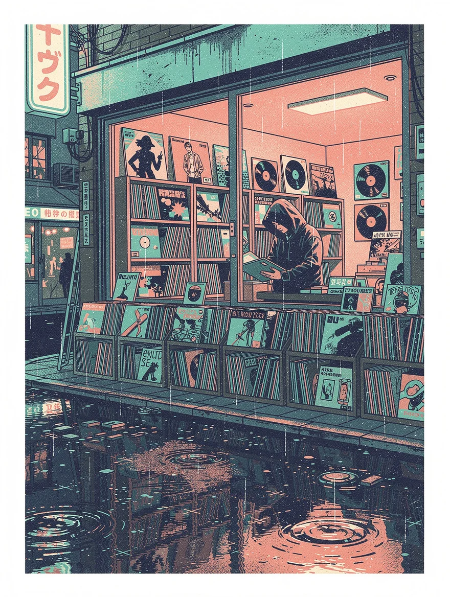 A Risograph print of a Tokyo record shop at 2am — neon signs reflecting in rain-slicked streets, crates of vinyl, a lone figure at the counter lost in the sleeves