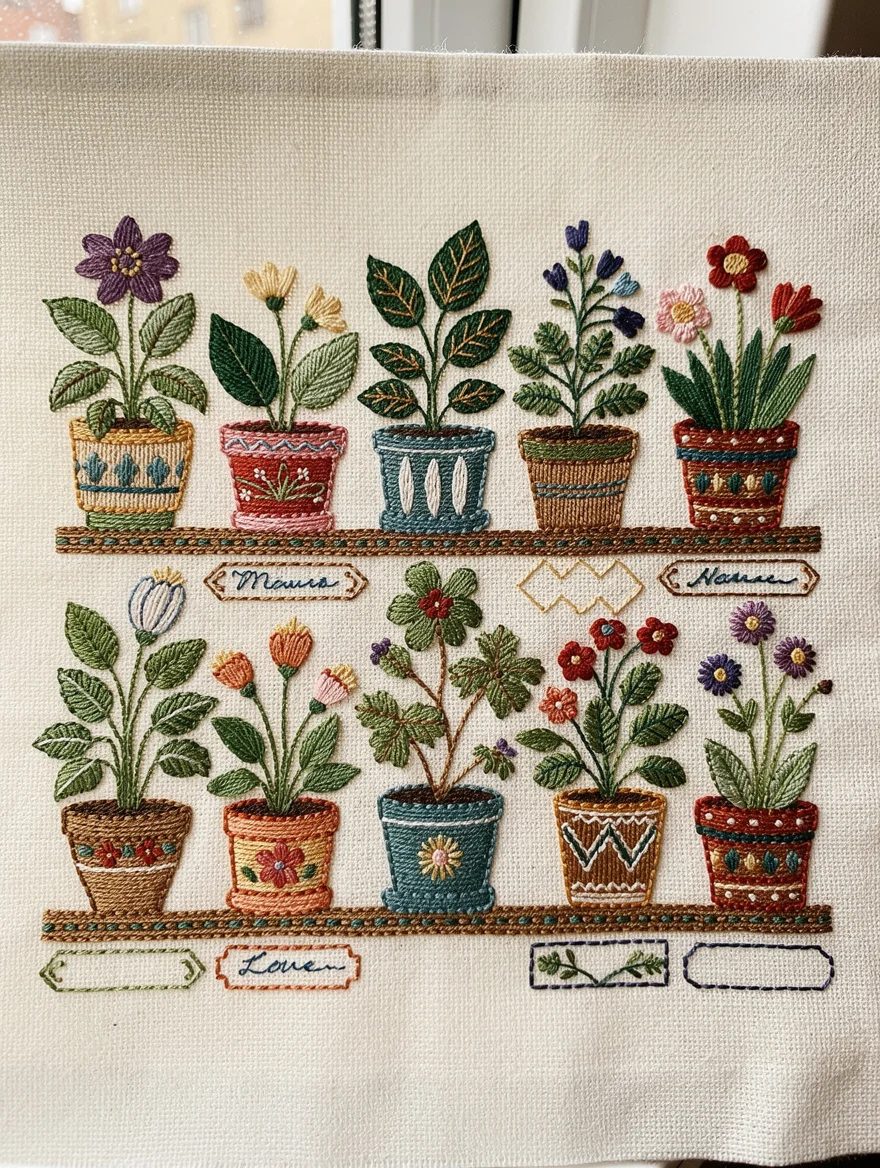 An embroidered botanical illustration of every plant on my windowsill, each one labelled with the name of the person who gave it to me over the years