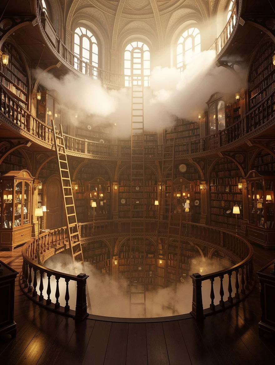 A 3D render of an impossible library — rooms spiralling upward into clouds, ladders reaching unreachable shelves, warm amber light — the one I visit in dreams