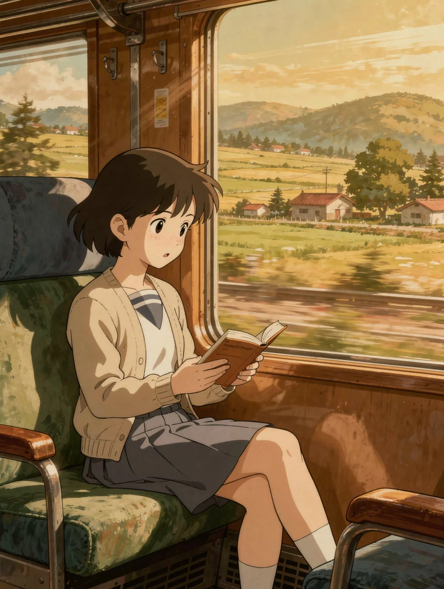 A vintage anime poster of a girl reading on a moving train — countryside blurring past, afternoon light turning everything gold — Studio Ghibli stillness and feeling