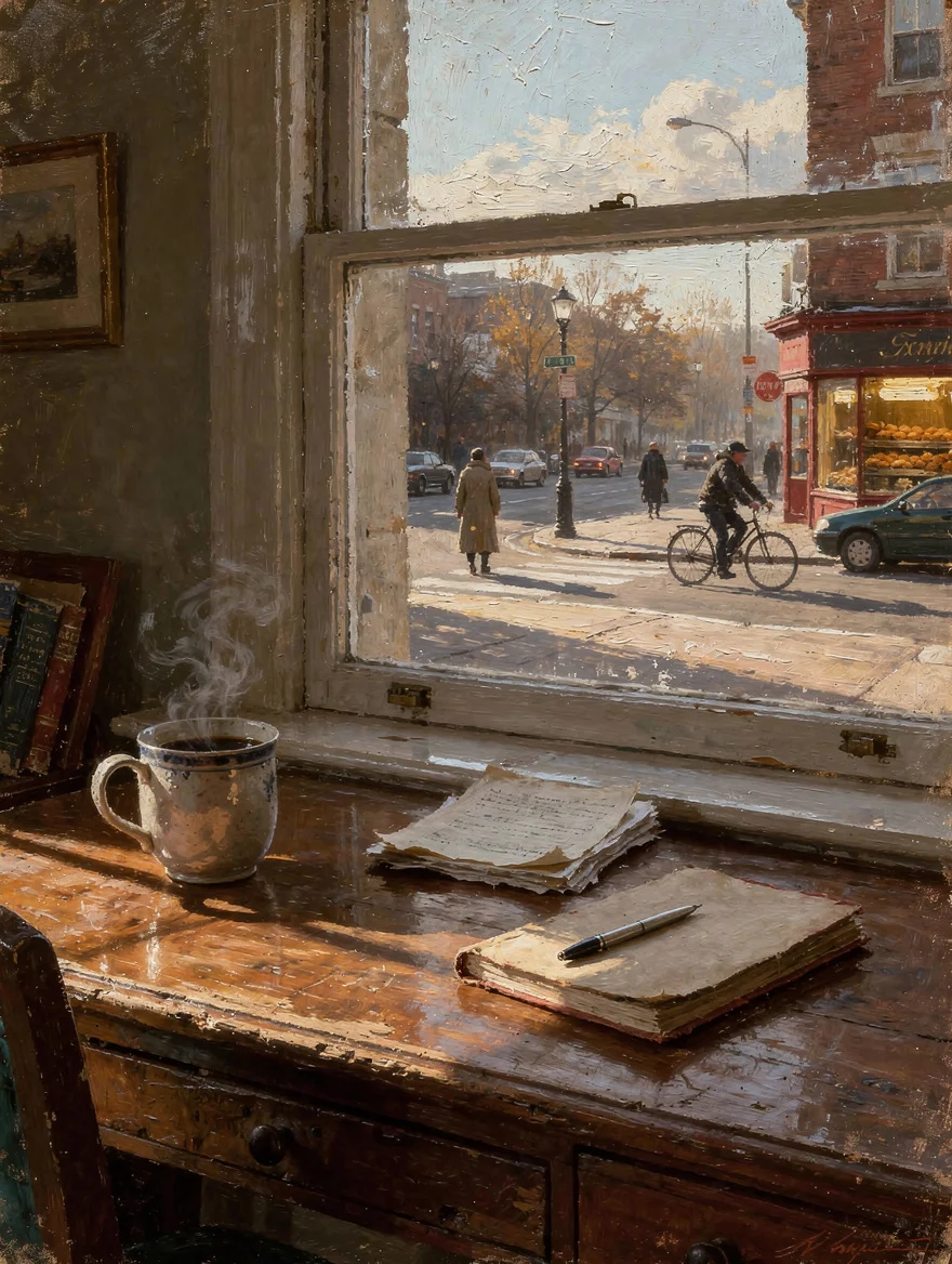 An oil painting of the view from my desk — the morning coffee, the window, the street below waking up — a portrait of ordinary Tuesday life made extraordinary