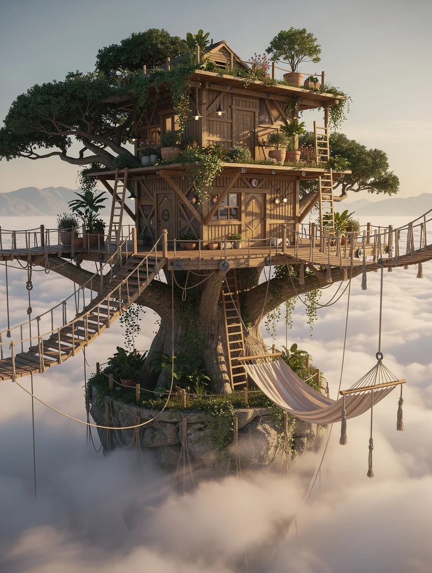 A surrealist 3D render of a floating island shaped like a treehouse — rope bridges, rooftop gardens, a hammock in the clouds — the perfect retreat from the world