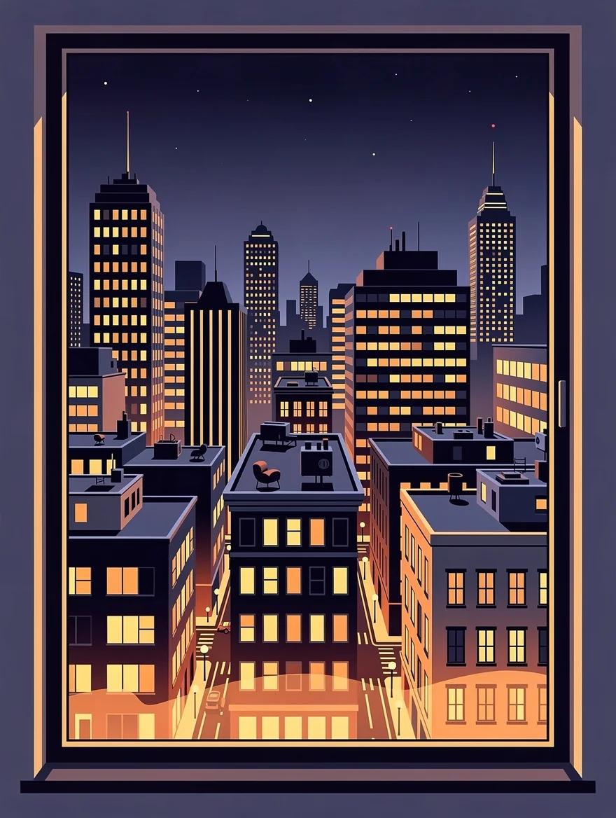 A bold vector illustration of her city skyline at midnight — the specific view from her apartment window — stylised with warm city glow and a graphic boldness that makes it art