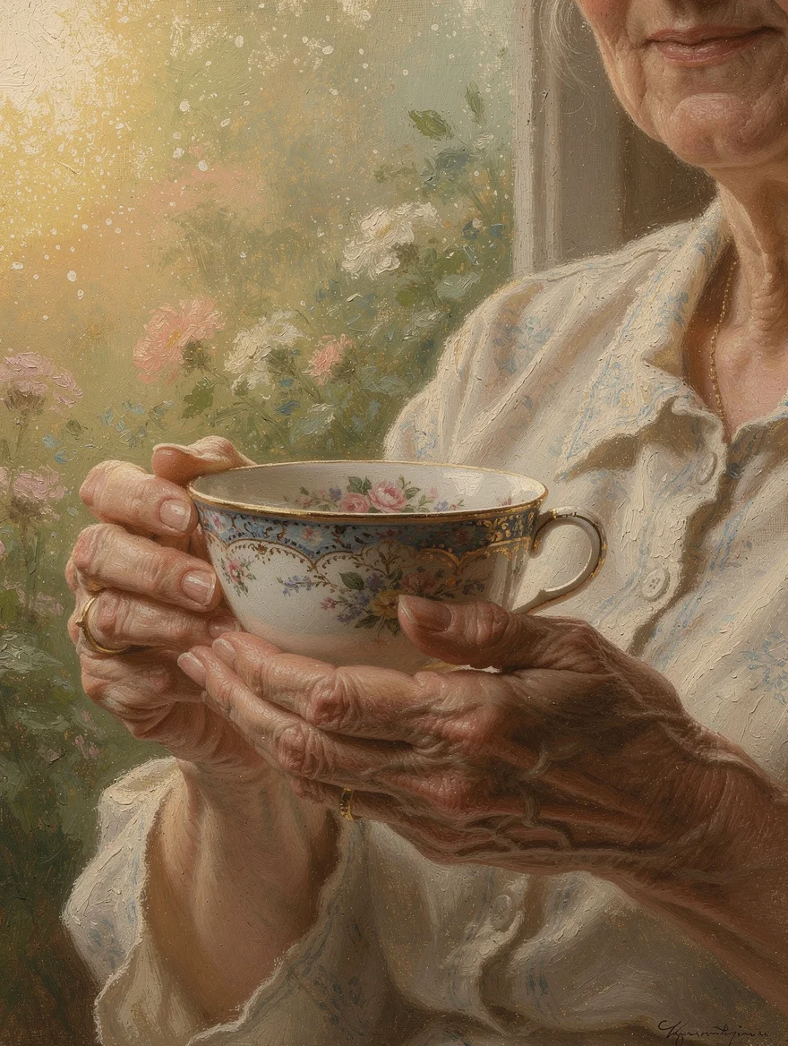 My mother's hands cradling her favourite teacup — soft morning light, the garden blurred through the window behind her — painted in oil as close to a memory as pigment can get