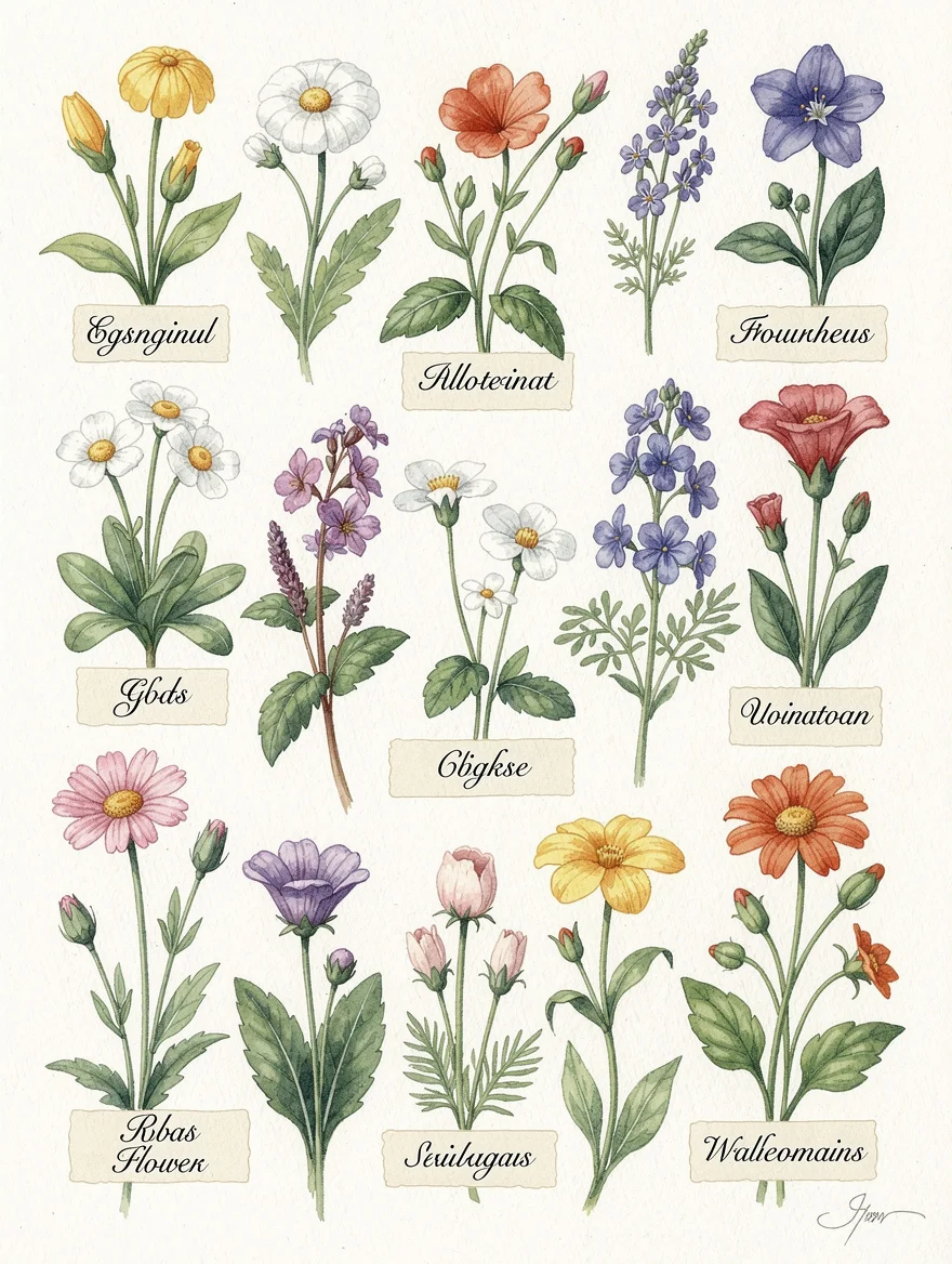 A lush botanical plate of every flower she grows in her allotment — labelled in her handwriting style — like a Victorian nature journal page made into art