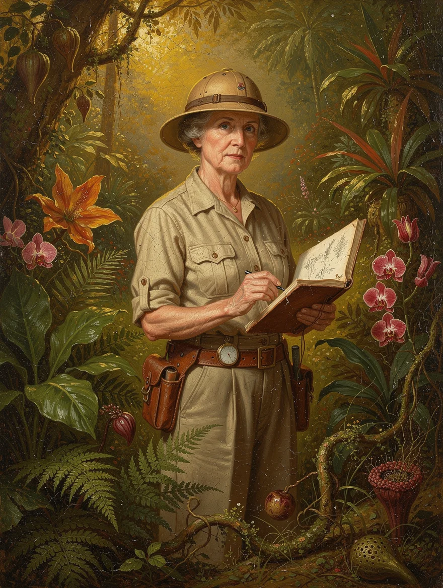 A portrait of my mother as a 1920s adventurer-botanist — pith helmet and field notebook — surrounded by exotic specimens she would absolutely stop to sketch