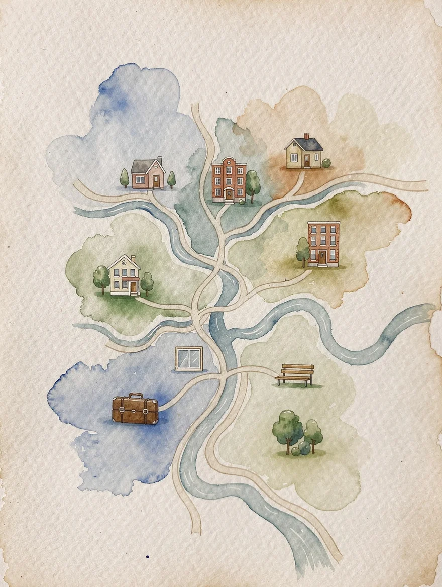 A watercolour map connecting every town she lived in — roads and rivers hand-drawn — tiny illustrations marking each chapter of a life that shaped everything
