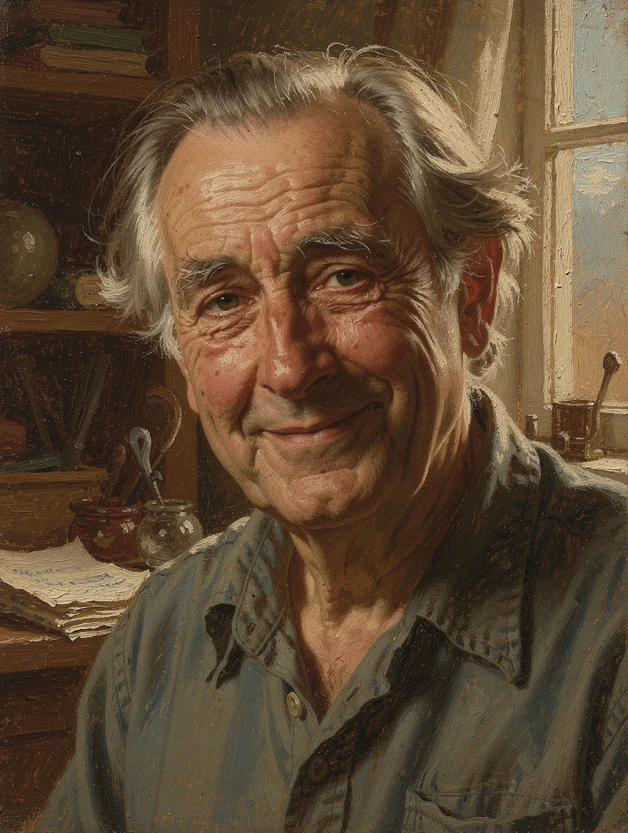 A painted portrait of my father on the last day of his career — not posed, just the quiet, complex joy on his face — warm oil, the kind of painting that outlasts memory