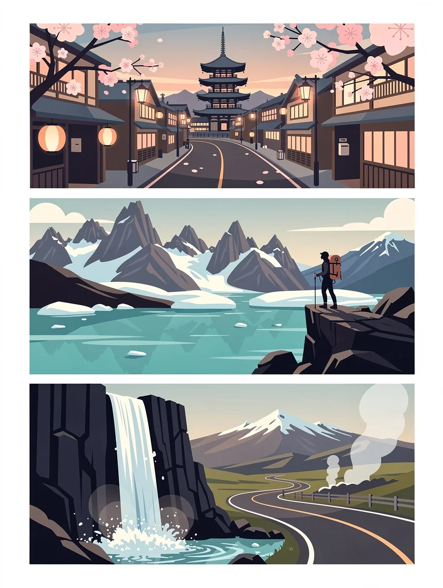 An illustrated travel poster of the destination she has always saved for — Kyoto, Patagonia, Iceland — the journey that was always 'after work' and is now finally now