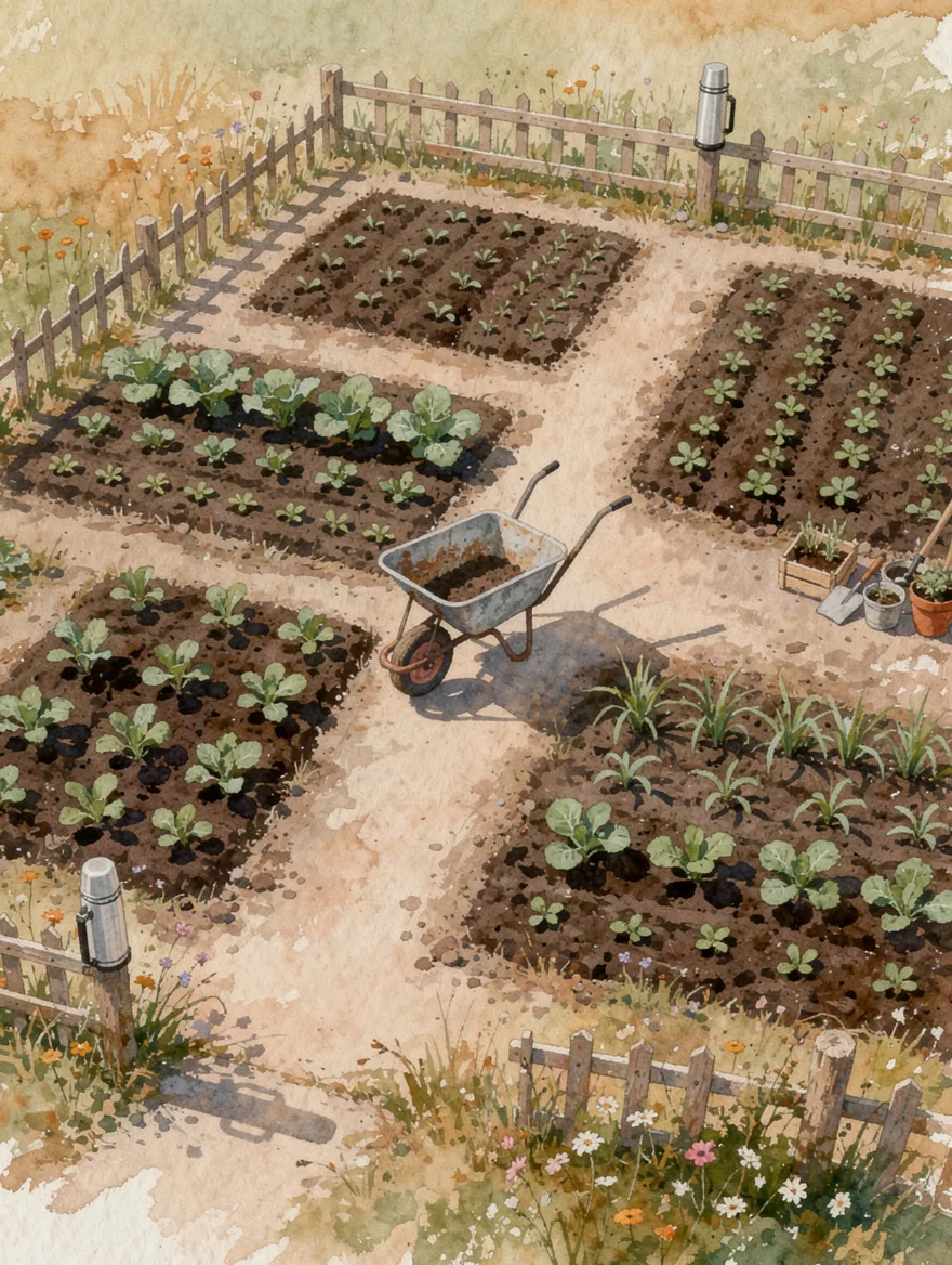 A watercolour bird's-eye view of the allotment plot she plans to finally expand — neat rows, a wheelbarrow, a thermos on the fence post — her next chapter, blooming