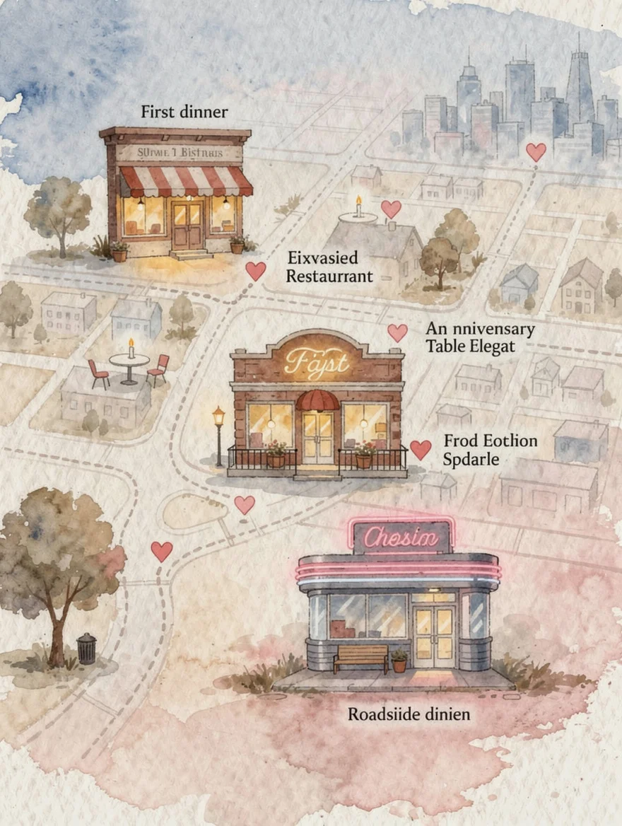 A hand-drawn map of every restaurant we've ever shared — the first dinner, the anniversary table, the terrible roadside diner we still laugh about — each marked with a tiny heart