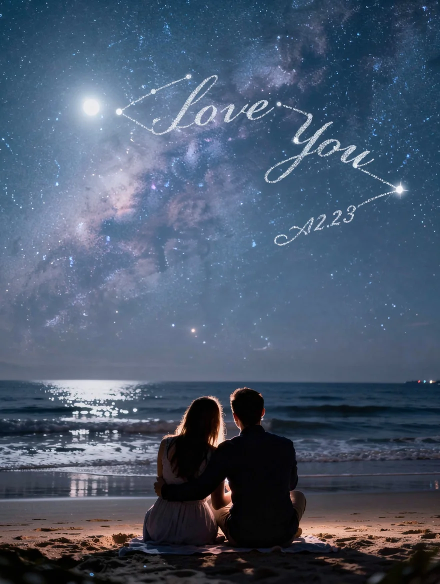 The constellation of stars above the beach where we said 'I love you' for the first time — a soft glowing sky map with our names and that exact date written in the Milky Way