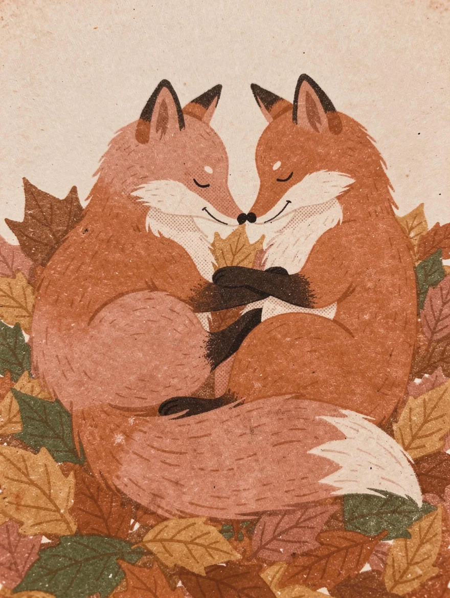 Two red foxes curled nose-to-nose in a pile of copper autumn leaves, dreamy Risograph print with muted indie palette — tender and completely unlike a normal Valentine's gift