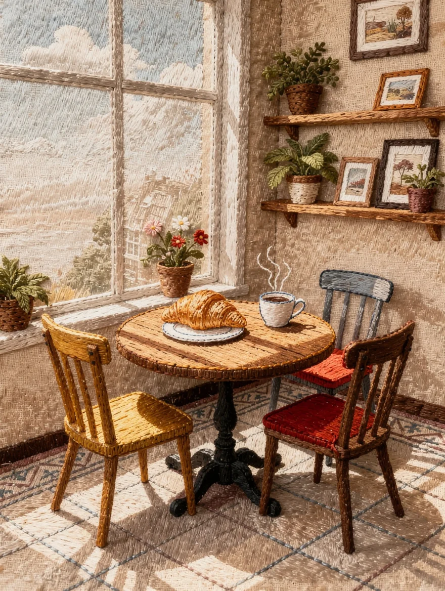 The corner café where we had our first date — the round table by the window, the croissant, the mismatched chairs — illustrated as a detailed embroidered scene