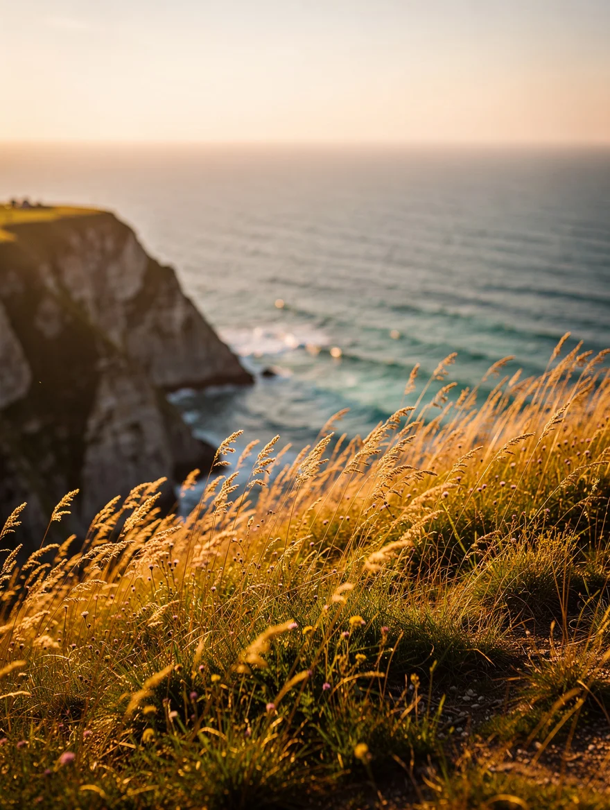 The exact clifftop view where we exchanged vows at 5:42pm — amber grass, the sea, that warm May evening light — a timeless landscape print of the precise moment
