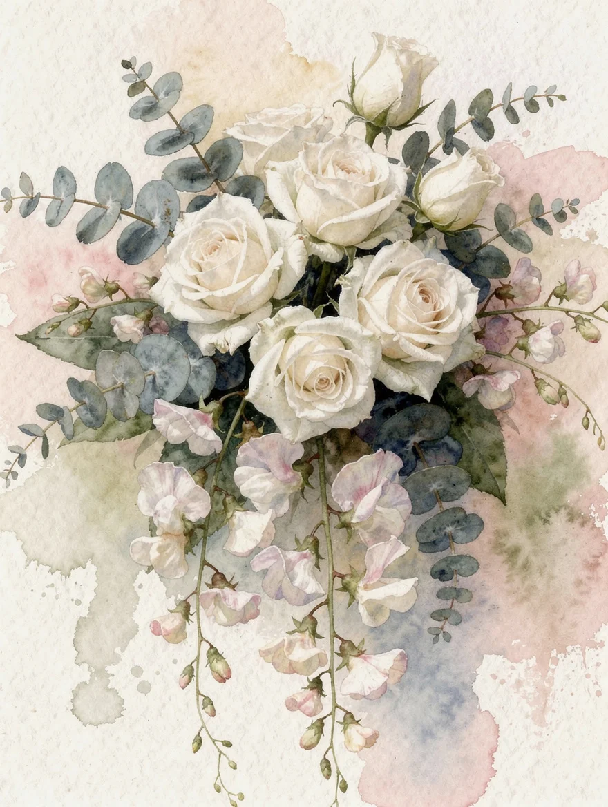 A lush watercolour of white garden roses, trailing sweet peas and eucalyptus — the exact flowers from her bouquet — soft, generous, overflowing, completely hers