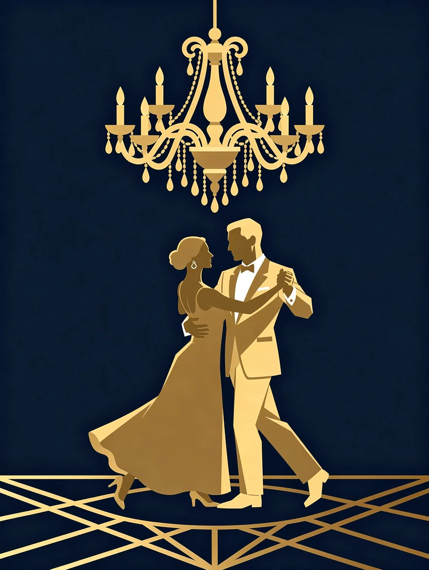 An Art Deco illustration of two silhouettes dancing under a chandelier — gold on deep navy, geometric and glamorous — the first dance captured as a print