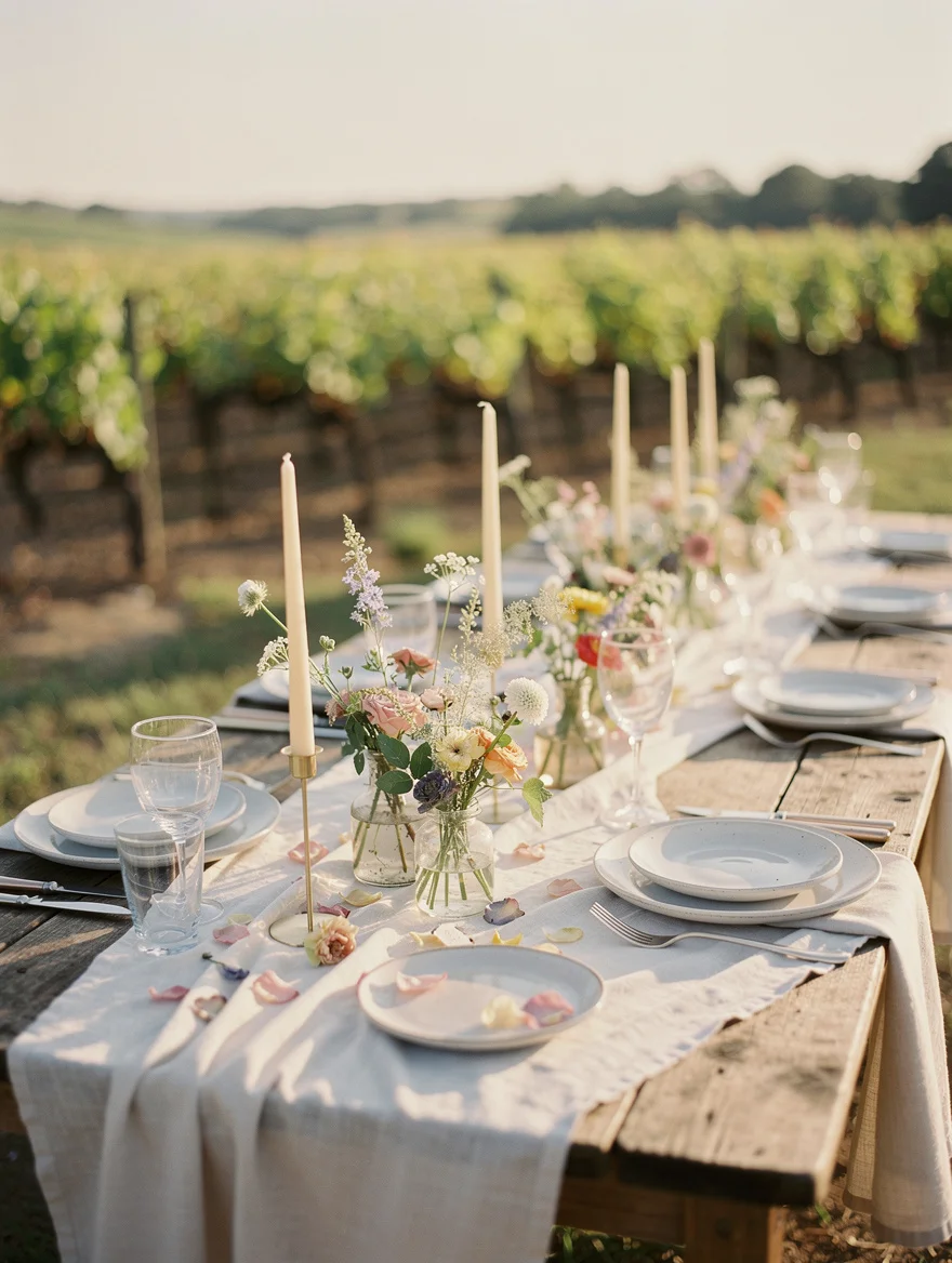 The long table set by the vineyard the afternoon before the wedding — linen, wild flowers, unlit candles — perfectly still and full of quiet anticipation