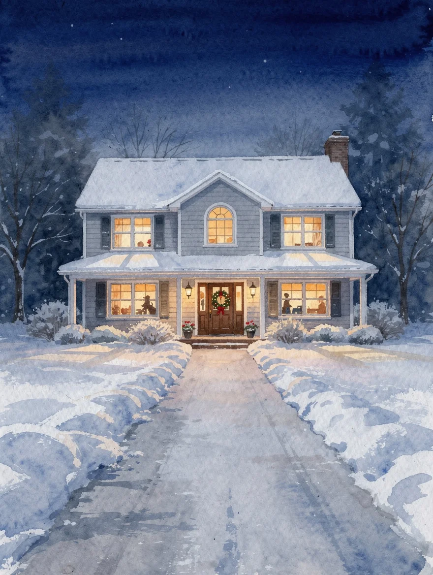 Our family home in winter — every window glowing amber, snow on the roof, exactly as it looks from the end of the drive on Christmas Eve when everyone is finally home