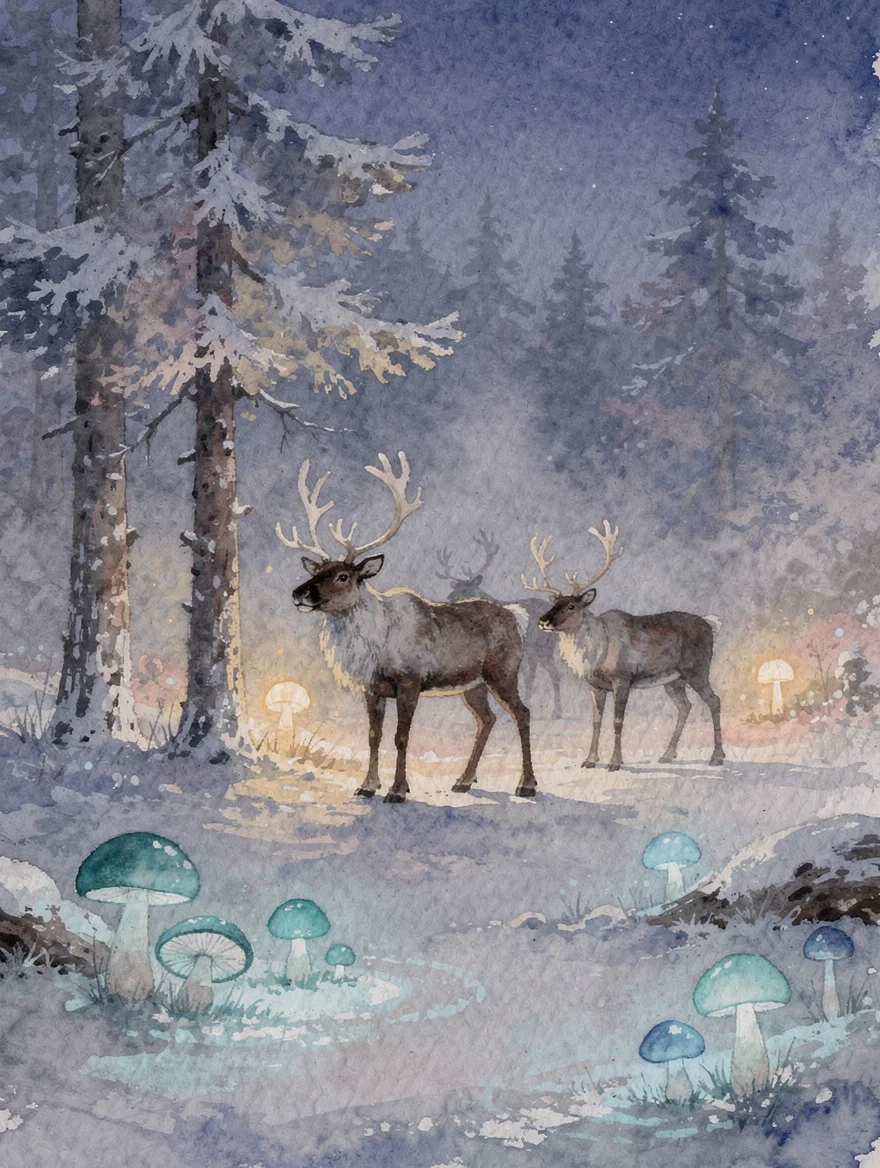 A magical Scandinavian forest at twilight — bioluminescent mushrooms, reindeer between frosted pines — cosy and otherworldly, like a fairy tale that lives in your chest