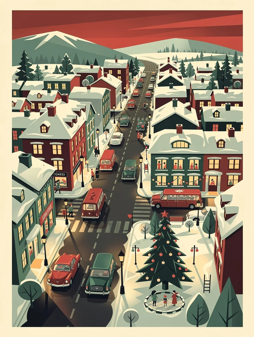 A bold 1950s-style Christmas travel poster of the city where our family gathers every year, vibrant midcentury colours and vintage lettering — the kind you frame for a decade
