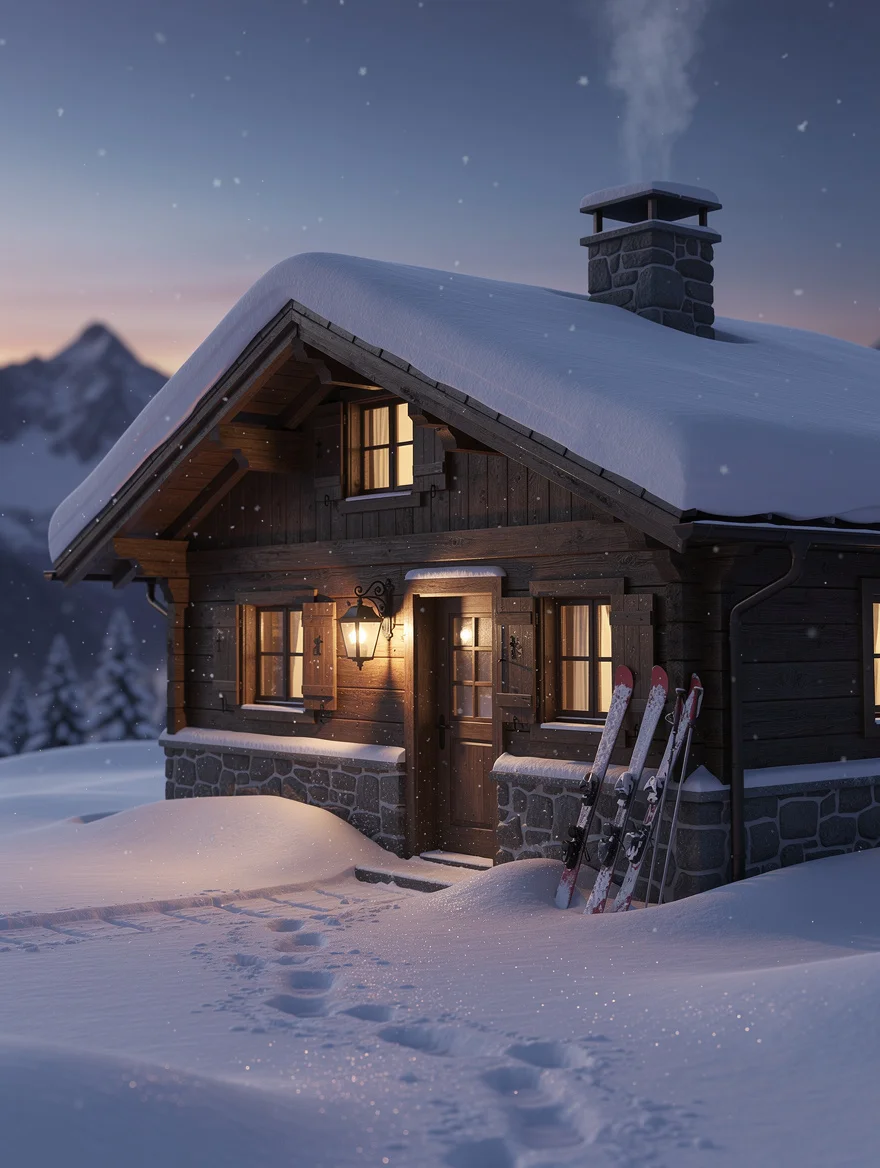 A snowy Alpine chalet at dusk — smoke rising from the chimney, skis propped against the wall, golden lantern glow — the winter holiday they keep meaning to take